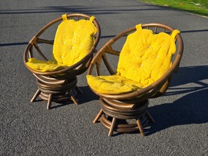 Pair of Mid Century BambooRattan Swivel Lounge Chairs wYellow Cushions