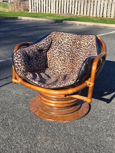 Mid Century BambooRattan Swivel Lounge Chair wLeopard
