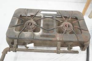 Vintage Cast Iron Two-Burner Camp Stove. Complete, good condition