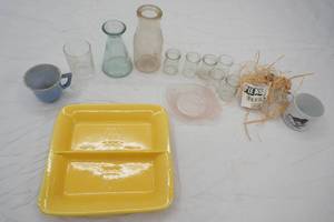Vintage Glassware. glass milk bottle, mini milk bottles, ceramic divided plate, pink frosted glass dish