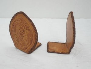 Vintage Tooled Leather Bookends. 5.5 wide by 6 tall