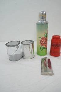 Vintage Thermos (1940s-1960s) FreezinHot brand (no insert) tin cans, flask, Vintage Olympics Lunchbox Thermos