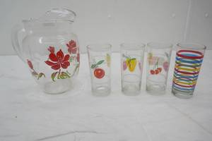 Vintage Glassware Lot MCM Lemonade Pitcher wIce Lip. Red Floral, 5ct vintage glasses, 3 rainbow stripe, 3 fruit