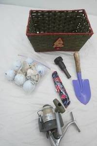 Storage Basket with Golf Balls, Small Garden Scoop, Floral Pattern Utility Knife, Fishing Reel and more