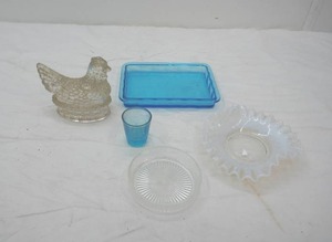Vintage Glassware Hen on Nest, Fenton Opalescent Hobnail Glass Candy Dish and other glass pieces