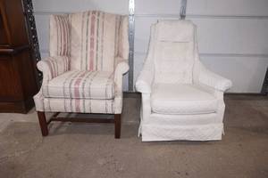 (2ct) Vintage Chairs. Queen Anne Style Wingback Chair, Vintage White Swivel Rocker