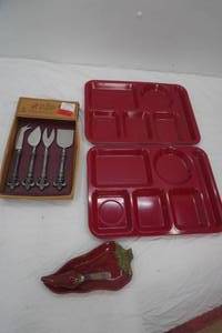 Cafeteria Trays, the Global Market Serving Utensil Set (new), Cheese Knife, & Ceramic Pepper Dish