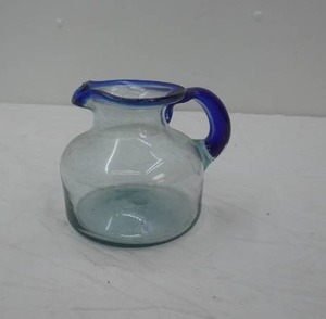 Mexican Hand Blown Glass pitcher  with cobalt blue Rim and Handle, 6 tall