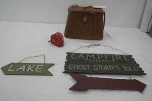 Campfire sign , lake sign , retractable clothesline, Straw basket  purse