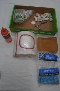 Hardware Supplies Lot Tile Spacers, Chalk, Screws, Tool Bag, Vintage FaceHead Shield