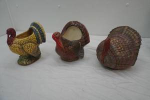 Vintage Ceramic Turkey Planters (2ct) & Covered Dish (1ct)