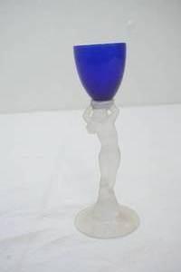 Vintage Cambridge Glass Co #3011 Statuesque nude stem cordial glass. Cobalt Blue & frosted glass 6 tall (produced between 1931-1958)