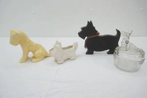 Vintage Scottie Dog Figurines & Vintage Scottie Clear Glass Dish