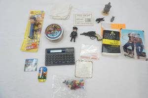 Vintage Collectibles Lot Police Woman Pez, small toy gun, Word Power Professional, Cowboy Poetry Word Magnets