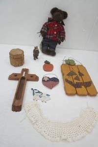 Vintage Collectibles Lot. Teddy Bear, Covered Container made of Bark, Wooden Cross, Doily