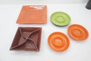 Vintage Colored Glazed Ceramic plates, Bowls, Serving Dishes