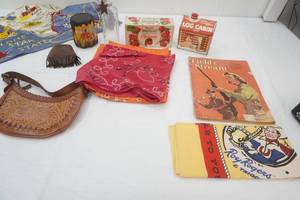 Vintage Western Collectibles. Tin Log Cabin Syrup Collectible, Vintage Native American Souvenir Toy Drum, Western Tooled Leather Shoulder Bag