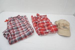 Gap Body Size L Red Flannel Pajama Pants, Billabong Size L Button Up Long Sleeve Shirt, Tan Hat