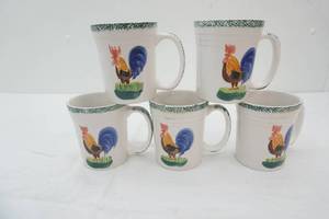 Vintage Alco Industries Rooster Mugs 12oz. On the Farm Stoneware wgreen sponge band