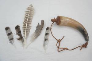 Vintage Powder Horn & Turkey Feathers