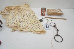 Vintage Collectibles Lot Apron, Hobo Soup Can, cast iron rings and More