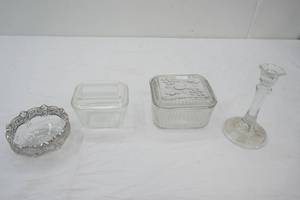 Vintage Glassware Lot covered dishes (1 Pyrex refrigerator, 1 Federal Glass Co), silver dish, candle holder