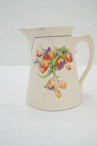 Vintage Steubenville Ivory Floral Pitcher. Black Pinstripe