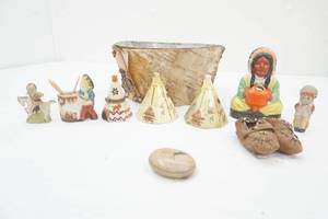 Vintage Native American Souvenir Collectible Pieces. ceramicporcelain, rock, leather booties, galvanized and birch covered bucket