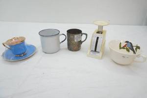 Vintage Collectibles enamel coffee cup, teacup and saucer, silverplate baby cup, food scale