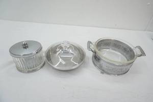 Vintage Clear Glass & Silver Toned dish, Vintage Pyrex Baking casserole, lid