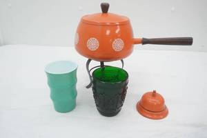 Vintage Teal Milk Glass Tumbler, Green Pressed Glass Votive, Vintage Orange Bell, Vintage Fondue Pot and Stand