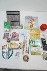 Organizing Box, Pencils, US Marine Corp Magnet, Lucky Strike Magnet, Vintage Books, Golf Balls, Small Shoe Horn