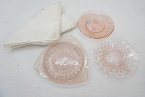 Vintage Pink Depression Glass Plates and Doilies