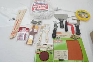 Paint Supply Lot wiping rags, frog tape, stir sticks, brushes, putty knives, sandpaper, rollers