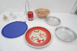 Vintage Kitchenware Lot Tea Tin, Wooden Serving Bowl, metal serving platter and more