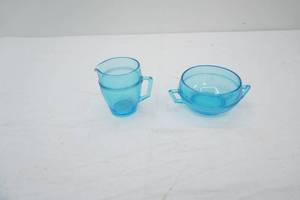 Vintage Fostoria Priscilla Blue Glass Sugar Bowl & Creamer Set. Azure Blue