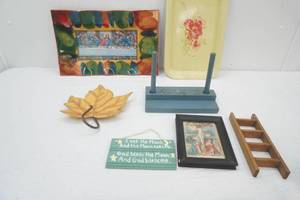 Rosemaling folk art napkin holder, I see The Moon Sign, Metal Maple Leaf Hook, Crucifixion of Jesus, Vintage Tin TV Tray, Last Supper Collage Art on Glass