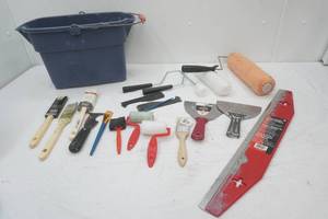 Paint Supply Lot Bucket, Metal Edge, putty knives, brushes, rollers