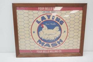 Framed Vintage Advertising Sign. Four Bells Brand Laying Mash Chicken Feed. 19.25x 14.75