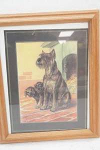 Vintage Framed Print mother Schnauzer with two puppies 13x16