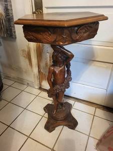 Carved Wood Pedestal Table with Female Figure Support and Floral Inlay Border