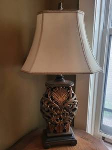 Antique-Style Table Lamp with Ornate Carved Leaf Base and Beaded Shade