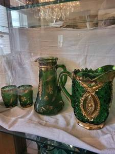 4-Piece Glass Pitcher & Tumbler Set with Gilt Trim and Cut-Glass Pattern