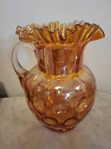 Amber Carnival Glass Pitcher with Ruffled Rim and Clear Handle