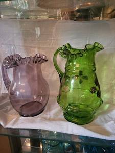 Two Colored Glass Pitchers with Ruffled Edges - Purple & Green (Lot of 2)