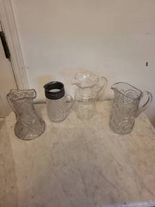 Crystal Glass Pitchers with Floral Etching (Lot of 4)