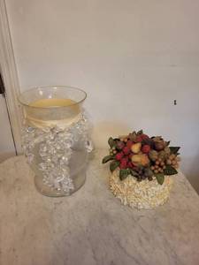 Glass Hurricane Vase Centerpiece with Crystal Bead Garland and Faux Berry Bouquet