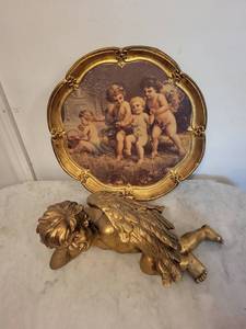Sezzatini Italy Hand Painted Cherub Plate with Gold Frame and Winged Angel Figurine