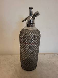 Vintage Chrome Seltzer Bottle with Diamond Pattern Sleeve and Lever Spout