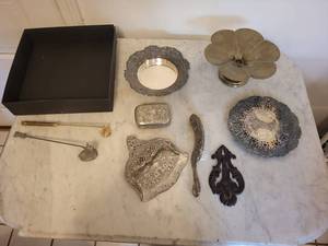 Antique Silver-Plate Vanity Set - Engraved Tray, Lidded Box & Floral Scroll Pieces